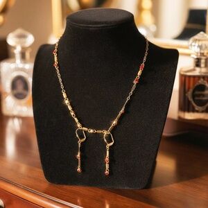 B046  Gold ModernGlam  Red Stone  Necklace / Earrings Jewelry Set  BUNDLE & SAVE